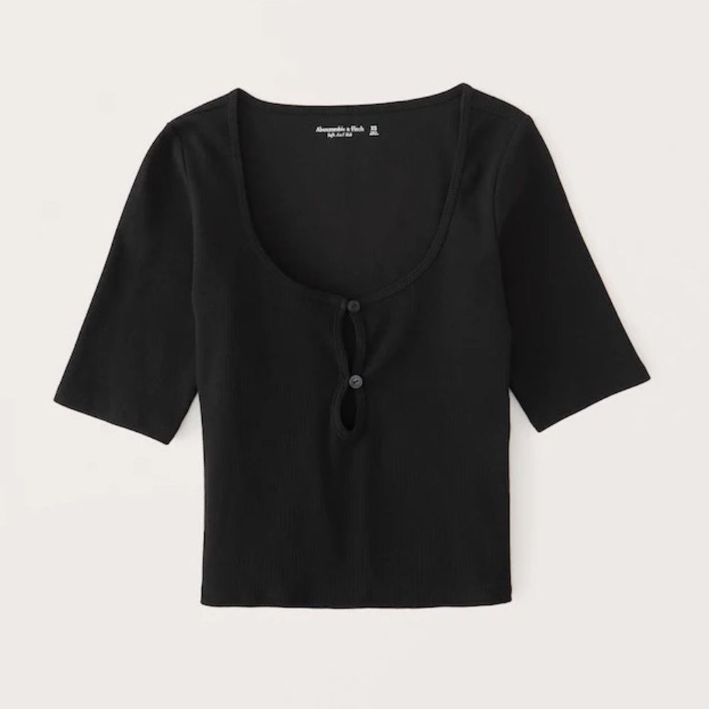 NWOT A&F Ribbed Black Button Detail Cutout Top - Picture 2 of 7